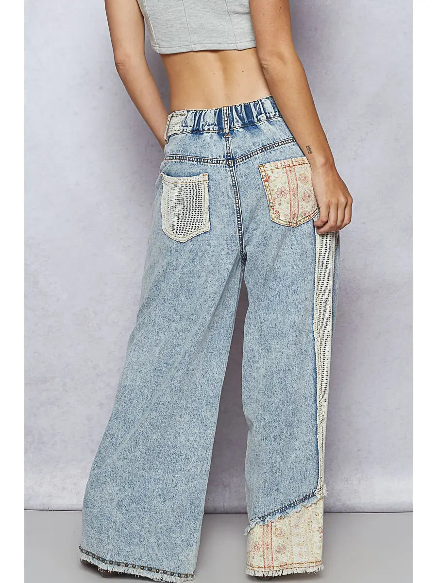Denim stud patchwork pants
