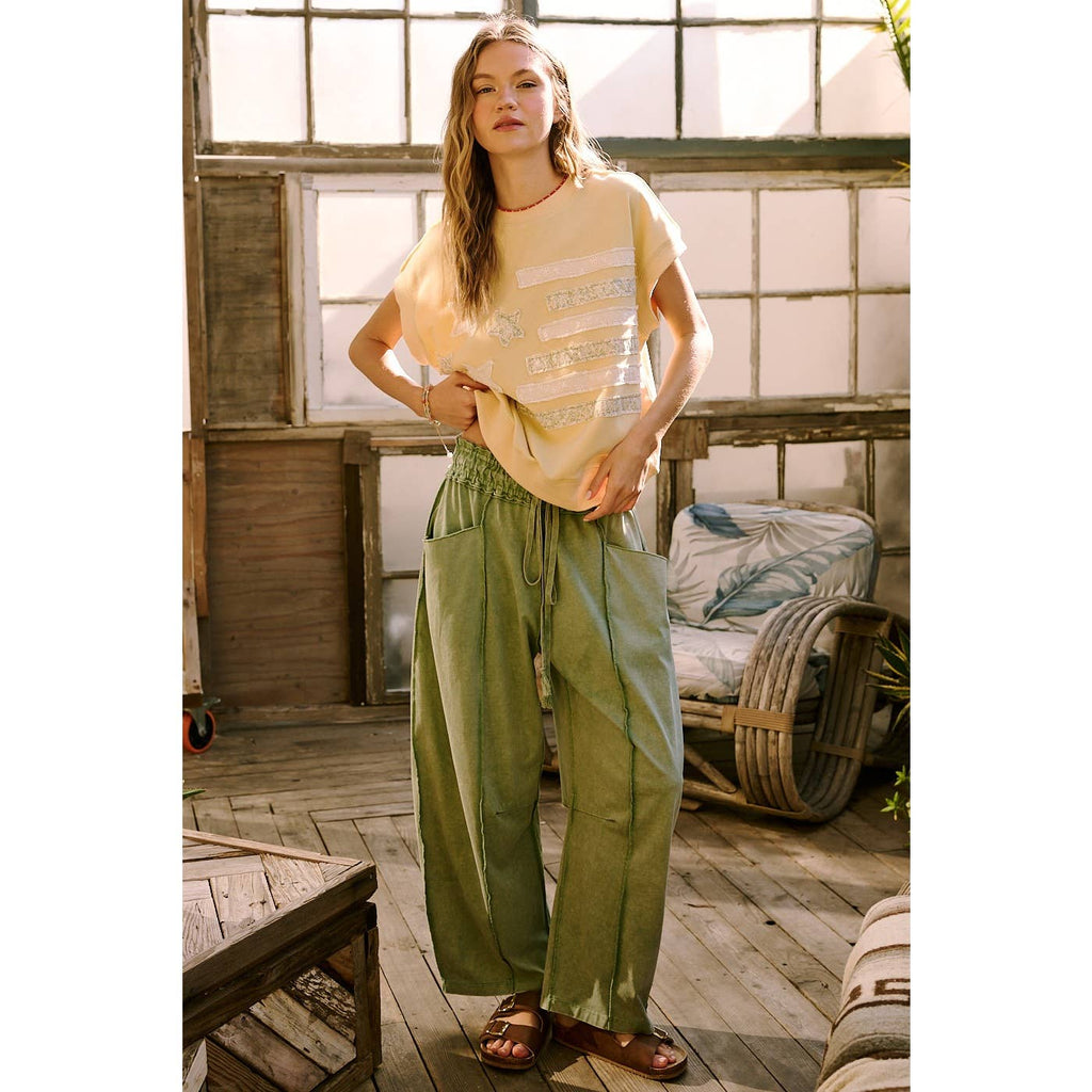 MINERAL WASH SEAM DETAIL PULL ON BARREL PANTS