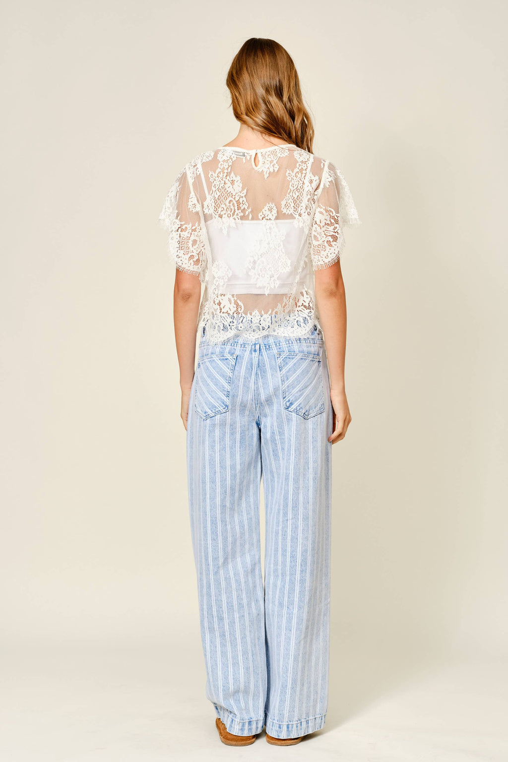 SHORT SLEEVE LACE SHEER TOP