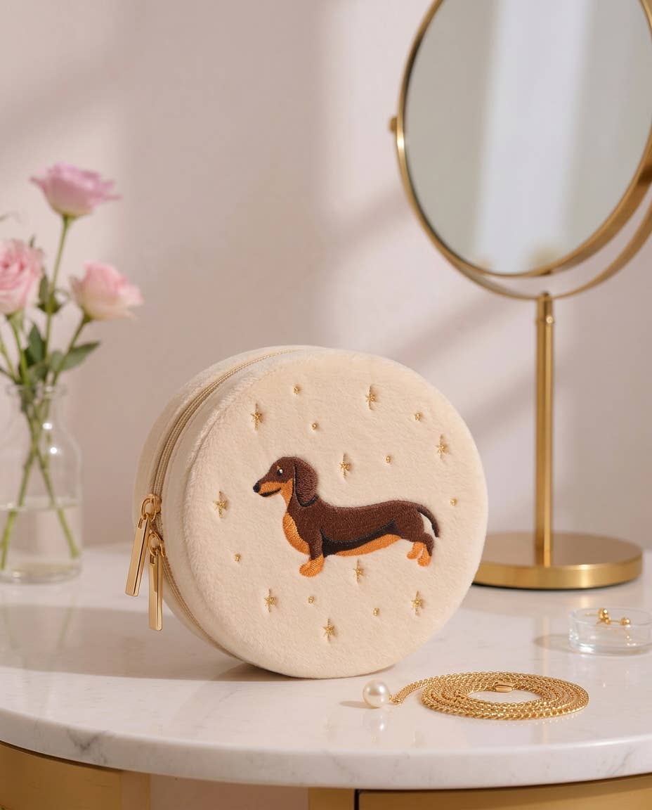Velvet Jewelry Zip Case / Organizer - Weiner Dog - Cream