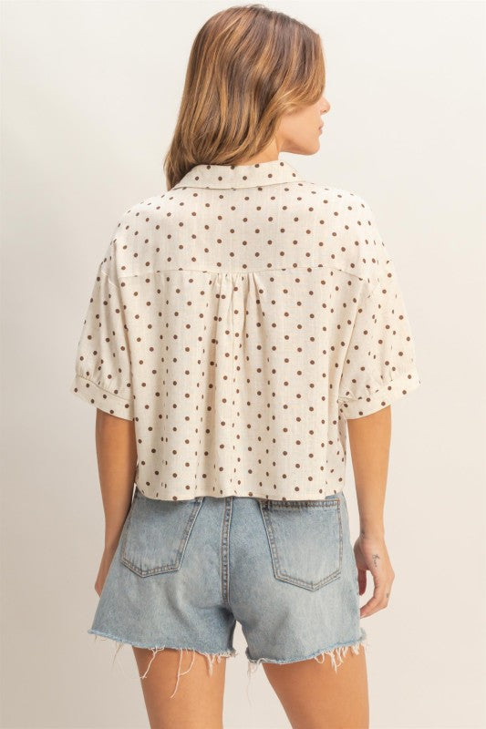 Polka dot v-neck cropped button up