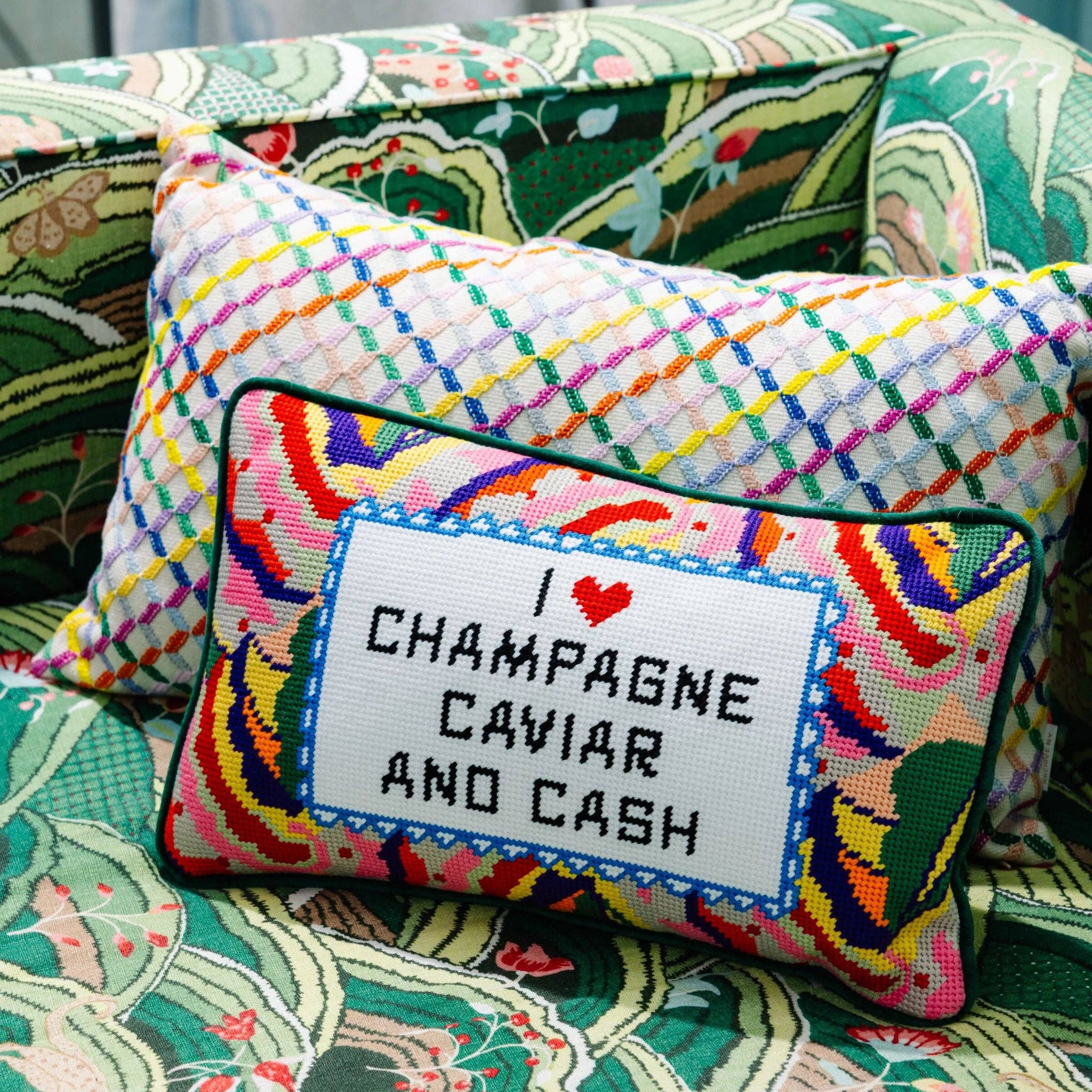 Caviar and Cash Needlepoint Pillow