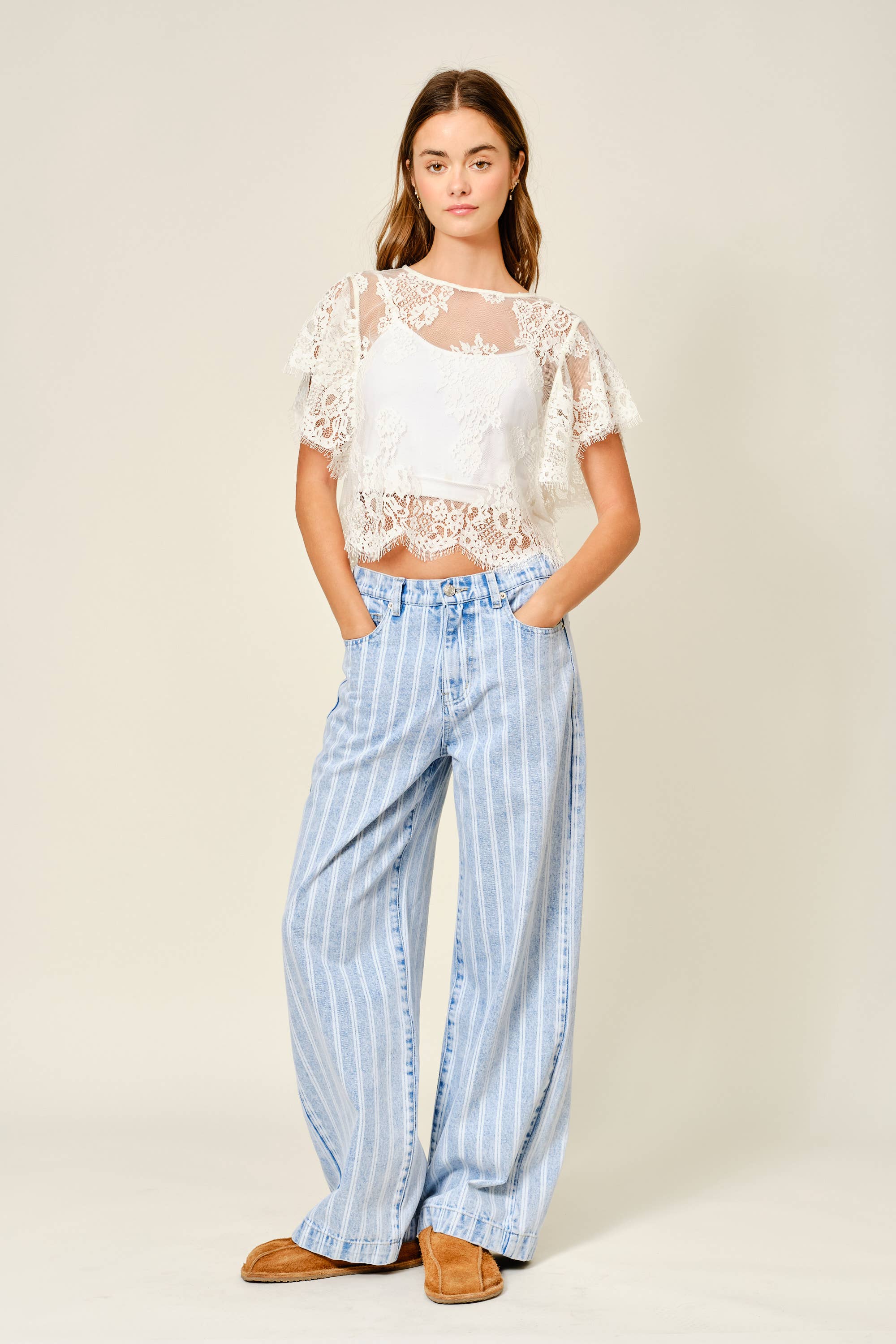 SHORT SLEEVE LACE SHEER TOP