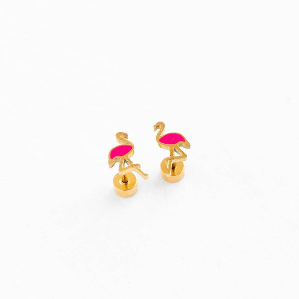 Flamingo Stud Earring - Hypoallergenic, Flat Back, Girl Gift