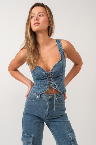 Peplum Tie Front Denim Top