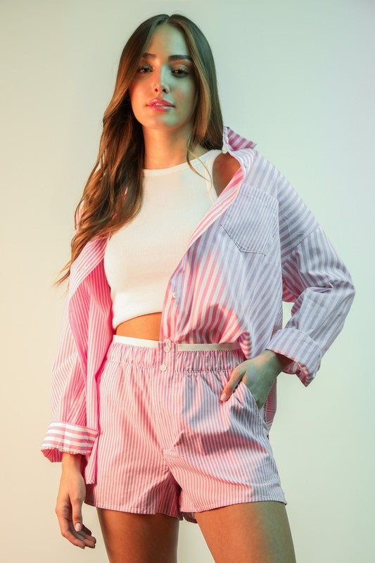 Striped Button-down Boxy Shorts set