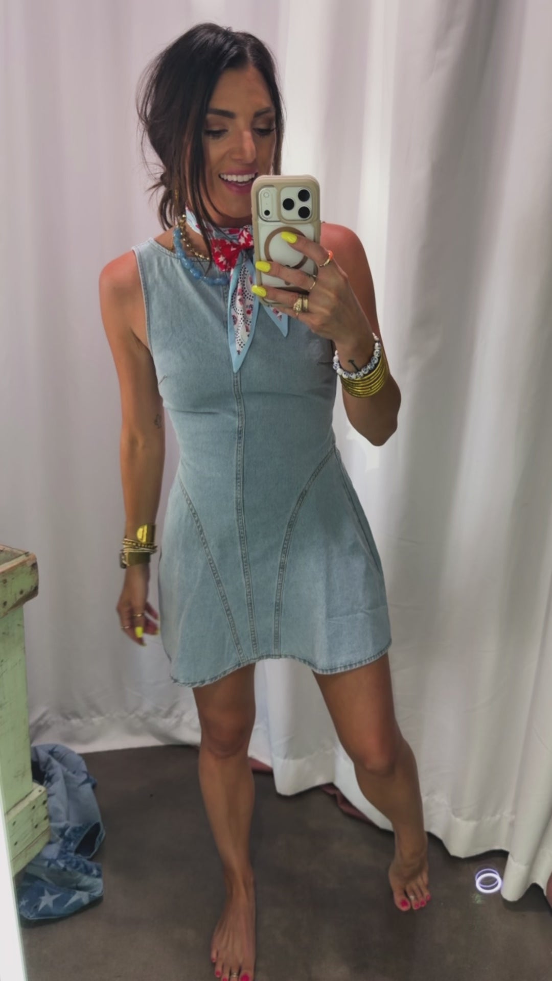 High neck open back denim dress