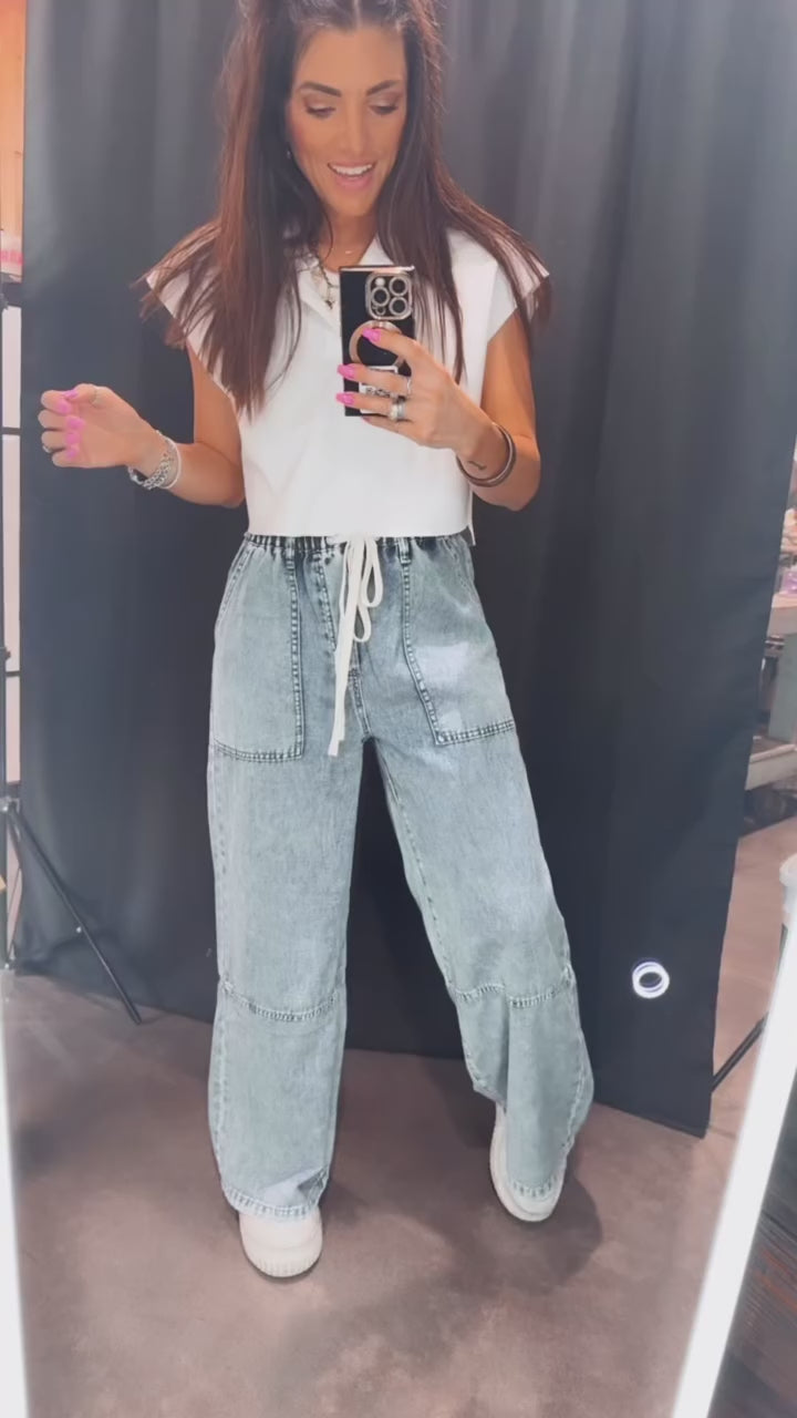 Wide Leg Drawstring Denim Pants